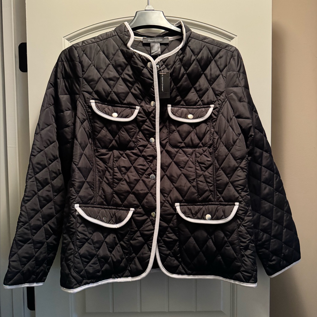 Brand New Ashley Stewart Black Quilted Jacket With White Piping